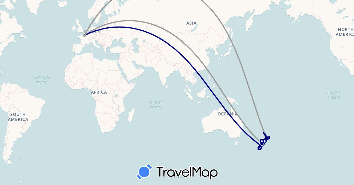 TravelMap itinerary: driving, bus, plane, boat in France, New Zealand (Europe, Oceania)